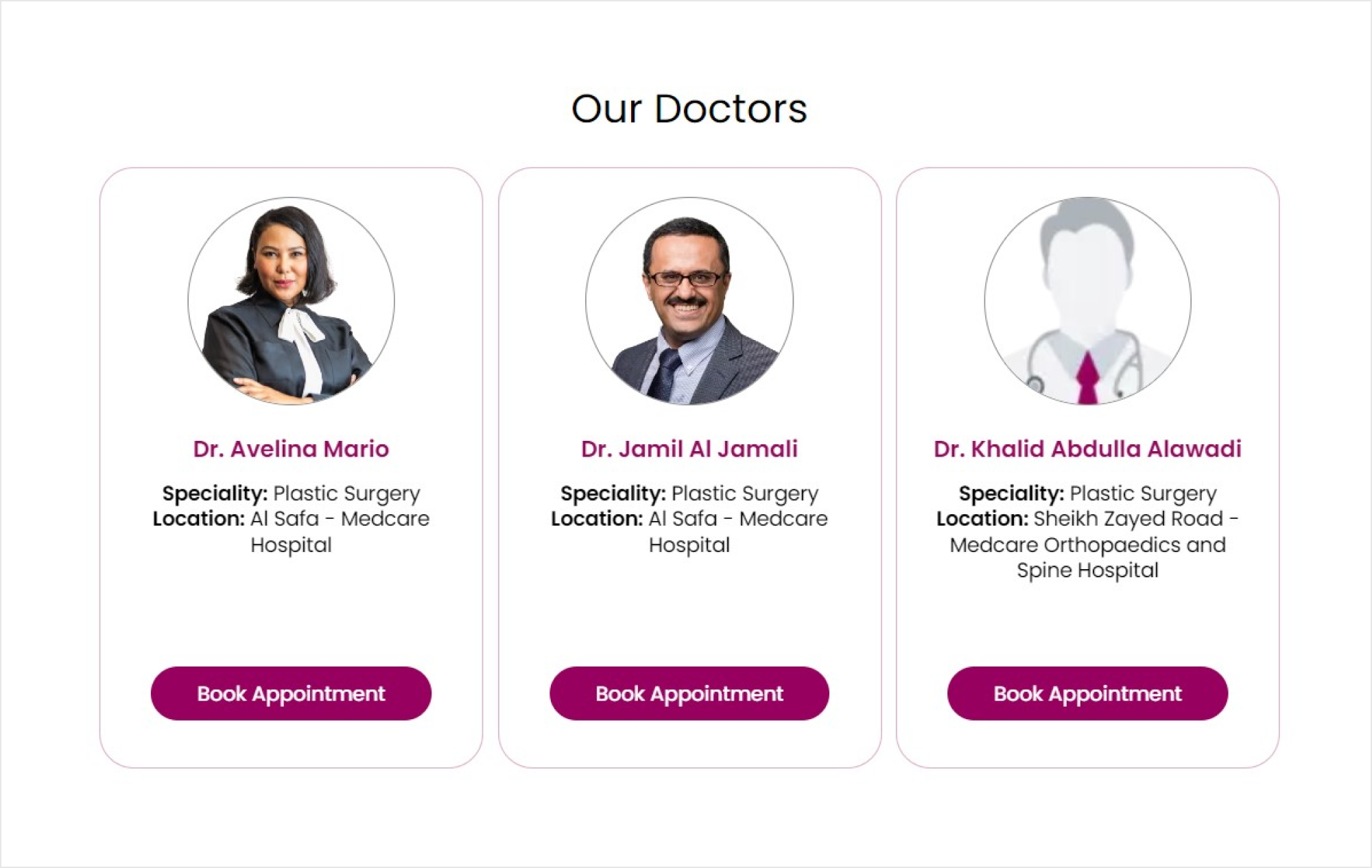 Example of interlinking doctor pages on the homepage of a clinic website