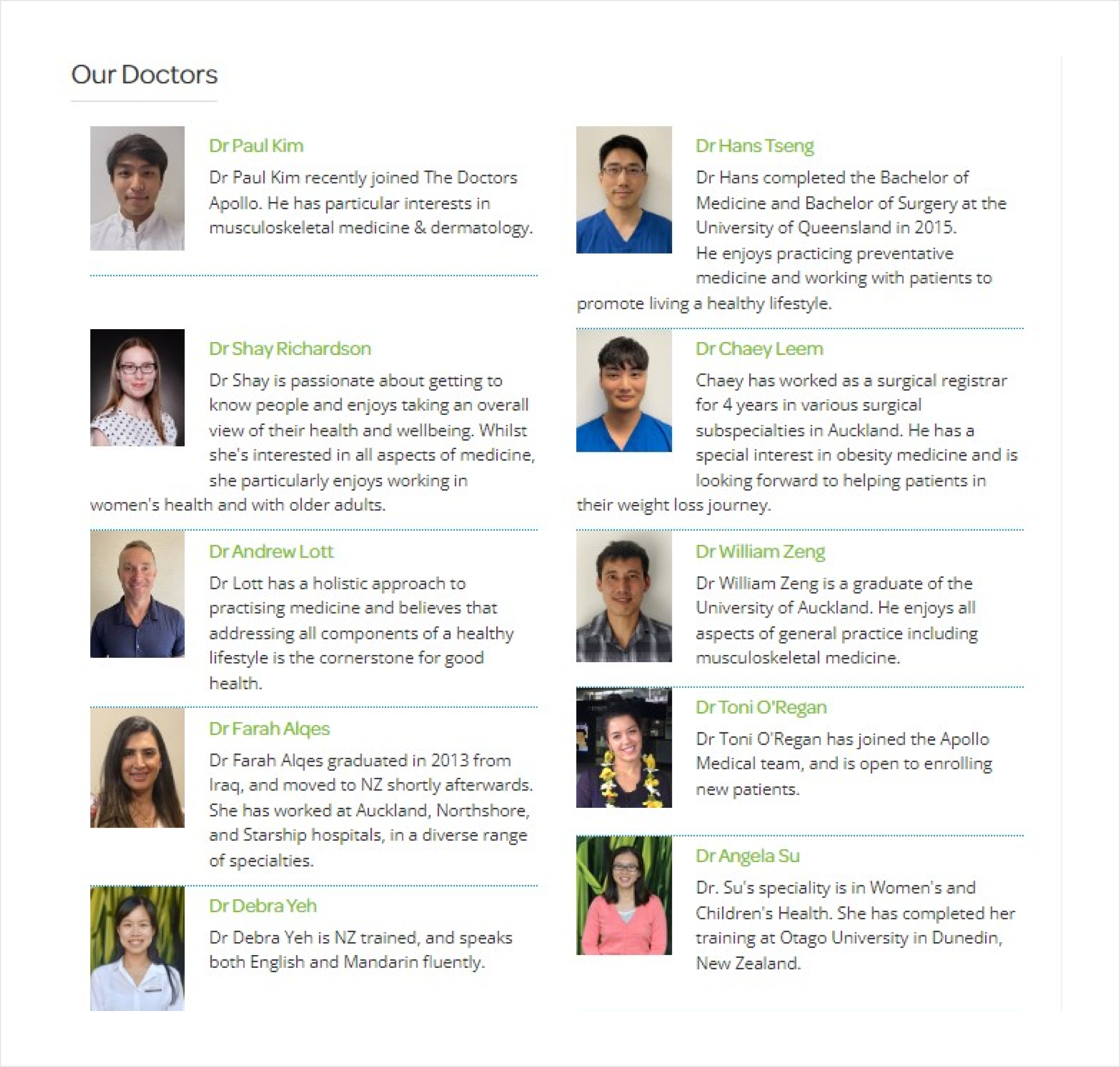 Example of a clinic website with no doctor information — just a generic team page