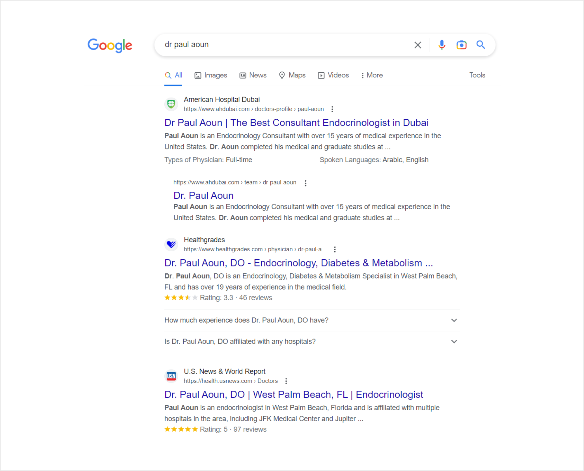 Search results showing clinic's doctor page ranking above aggregators